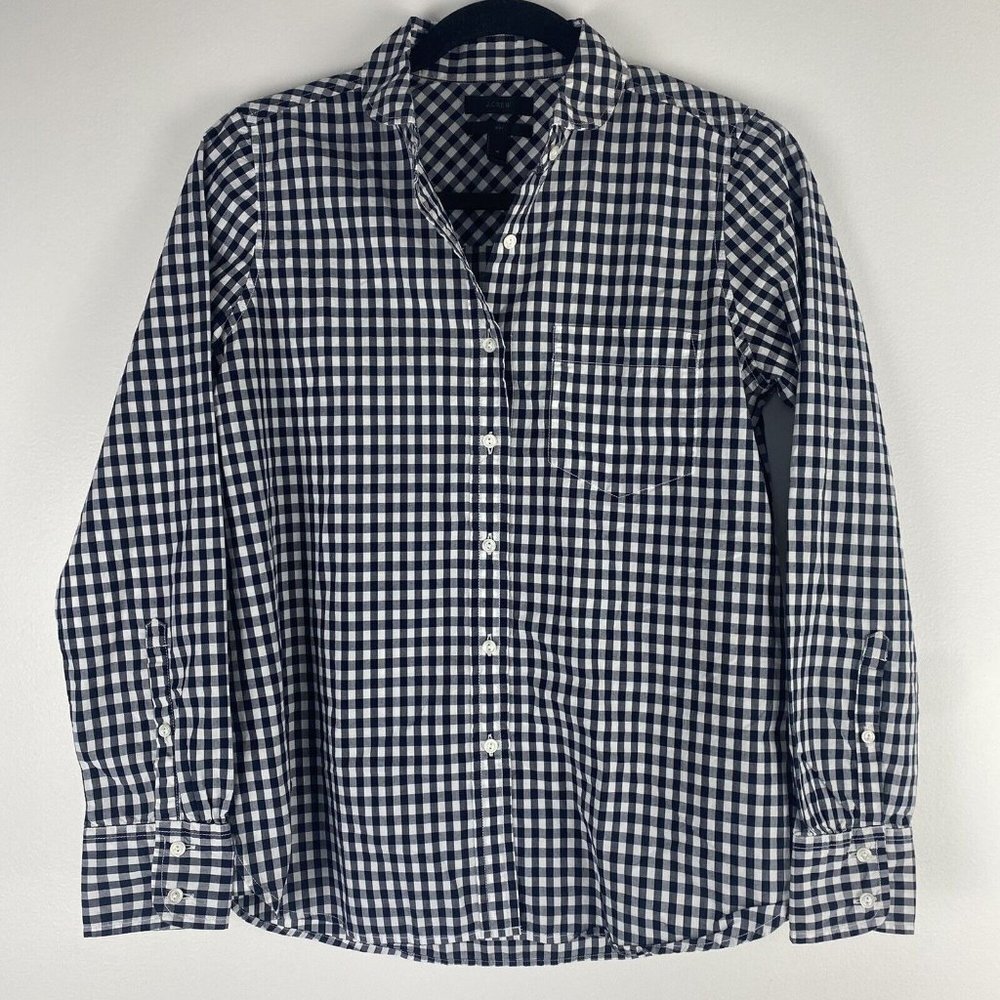 J. Crew Women's Boy Button Up Shirt Size 4 Black  White Buffalo Plaid Cotton